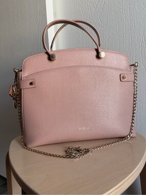 Furla Blush Saffiano Leather Satchel with Gold Chain